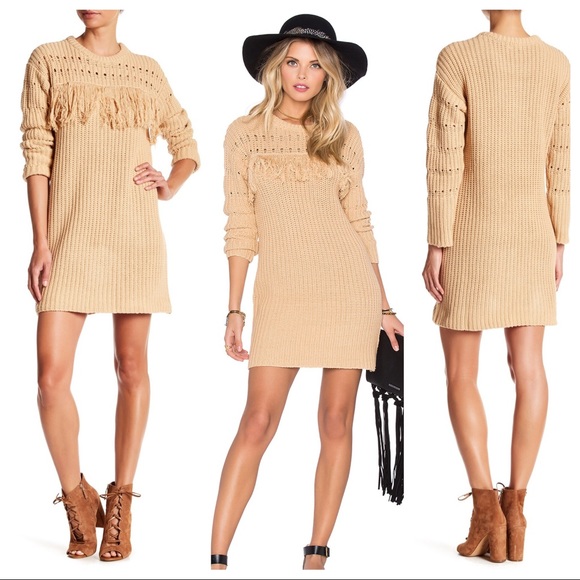 Tularosa Dresses & Skirts - Tularosa Posey Fringe Trim Knit Sweater Dress